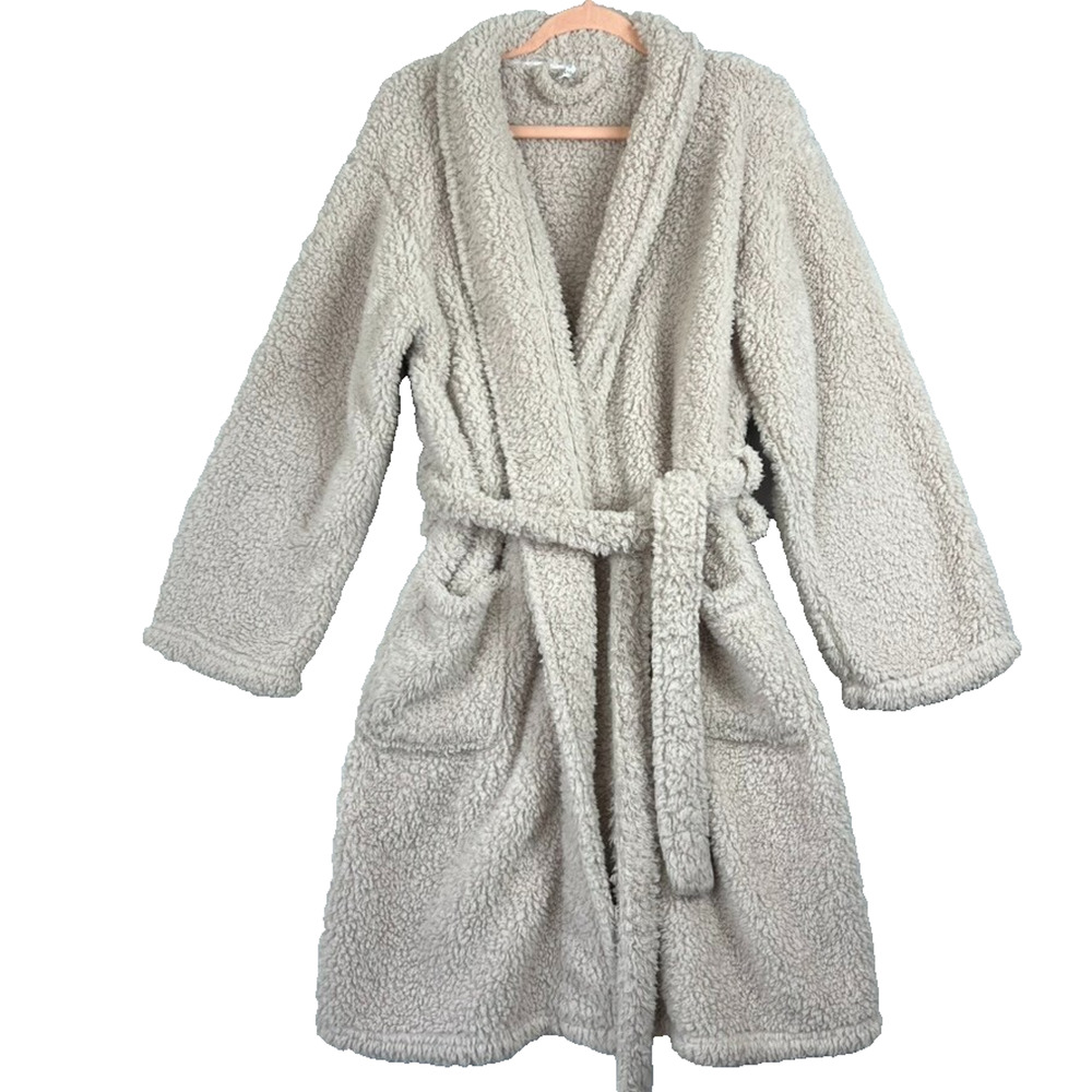 Pottery Barn Teddy Bear Belted Robe Cream Size M Faux Fur Plush Sherpa Soft